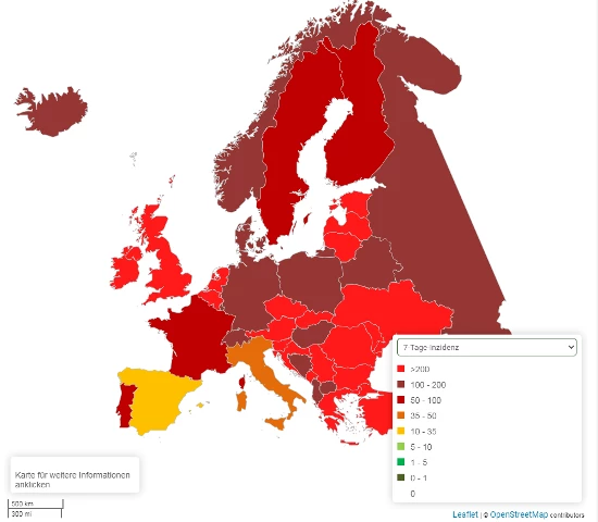 Coronavirus - Entwicklung der Inzidenzen in Europa